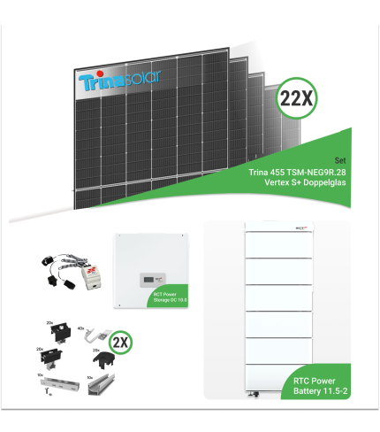 10,01 kWp PV-Komplettset mit 22x Trina TSM-NEG9R.28 Vertex S+ 455 W Doppelglas-Module & RCT Power Storage 10.0 & RCT Power Battery 11.5-2 Speicher – inkl. Unterkonstruktion für Ziegeldächer