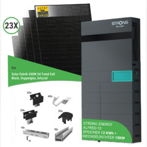 10,35 kWp PV-Komplettset mit 23x Solar Fabrik 450 W S4 Trend Full Black bifaziale Doppelglas-Module & STRONG ENERGY ALFRED-10 – inkl. K2 Unterkonstruktion für Ziegeldächer