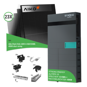 10,35 kWp PV-Komplettset mit 23x Aiko Black Hole AIKO-A-MAH54Mb 450W short string & STRONG ENERGY ALFRED-10 – inkl. K2 Unterkonstruktion für Ziegeldächer