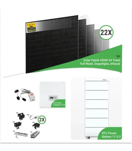 9,90 kWp PV-Komplettset mit 22x Solar Fabrik 450 W S4 Trend bifaziale Full Black Doppelglas-Module & RCT DC 10.0 & 11.5-2 Speicher – inkl. K2 Unterkonstruktion für Ziegeldächer