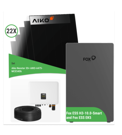 10 kWp PV Komplettset – 22x Aiko Neostar 3S+ AIKO-A475-MCE54Db + Fox ESS H3-10.0-Smart und Fox ESS EK5